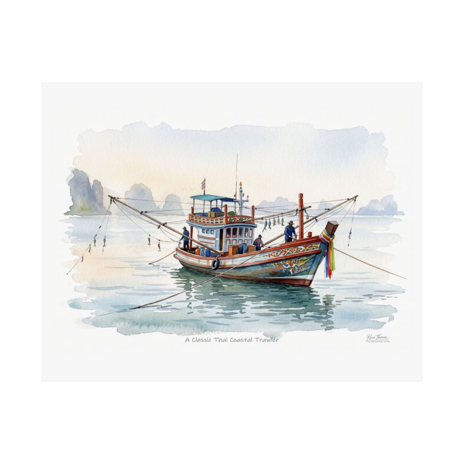 Classic Thai Coastal Trawler Watercolor – Traditional Thailand Fishing Boat Art Print - Image 2