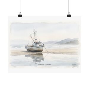 Coastal Trawler – Quiet Harbor Watercolor Art Print