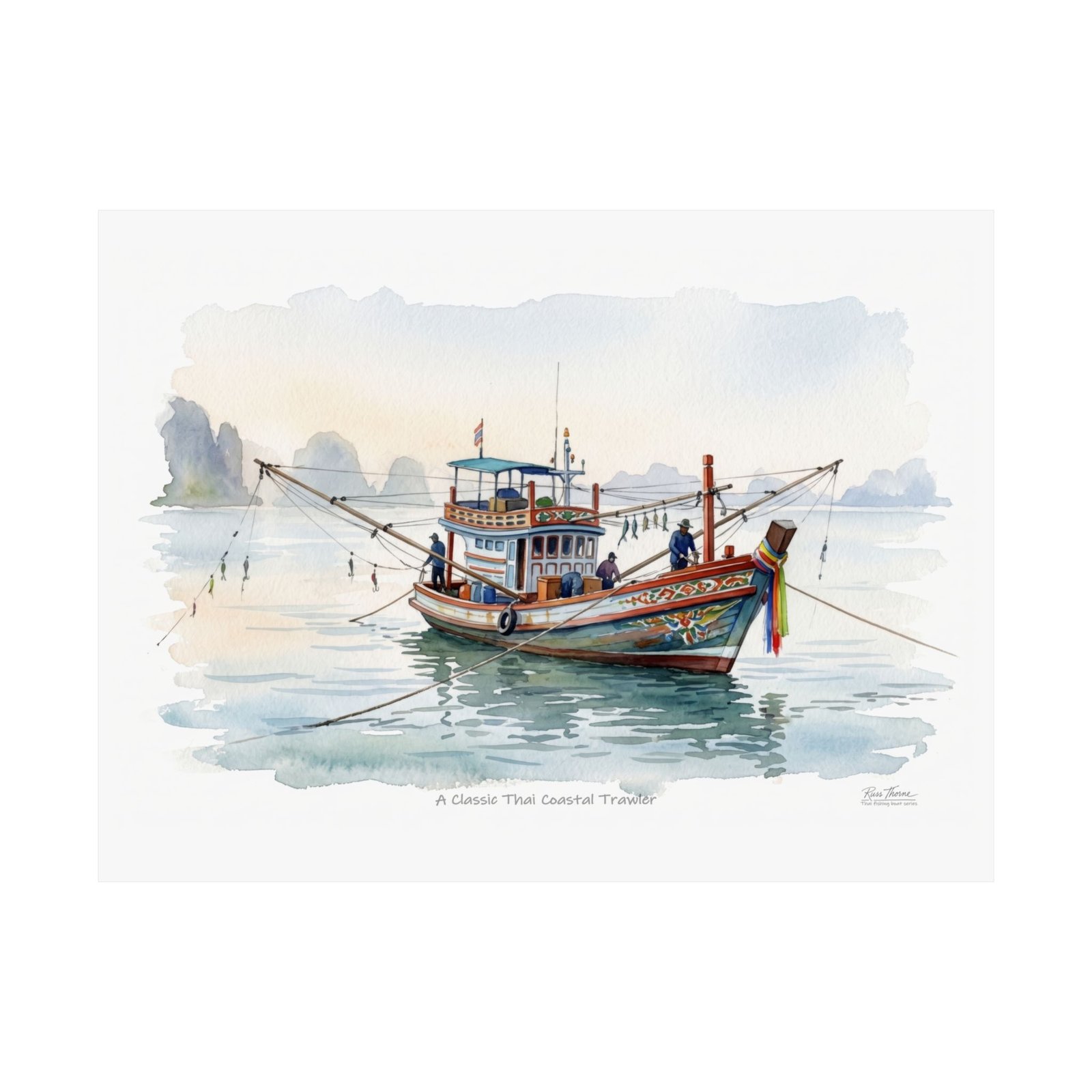 Classic Thai Coastal Trawler Watercolor – Traditional Thailand Fishing Boat Art Print - Image 14