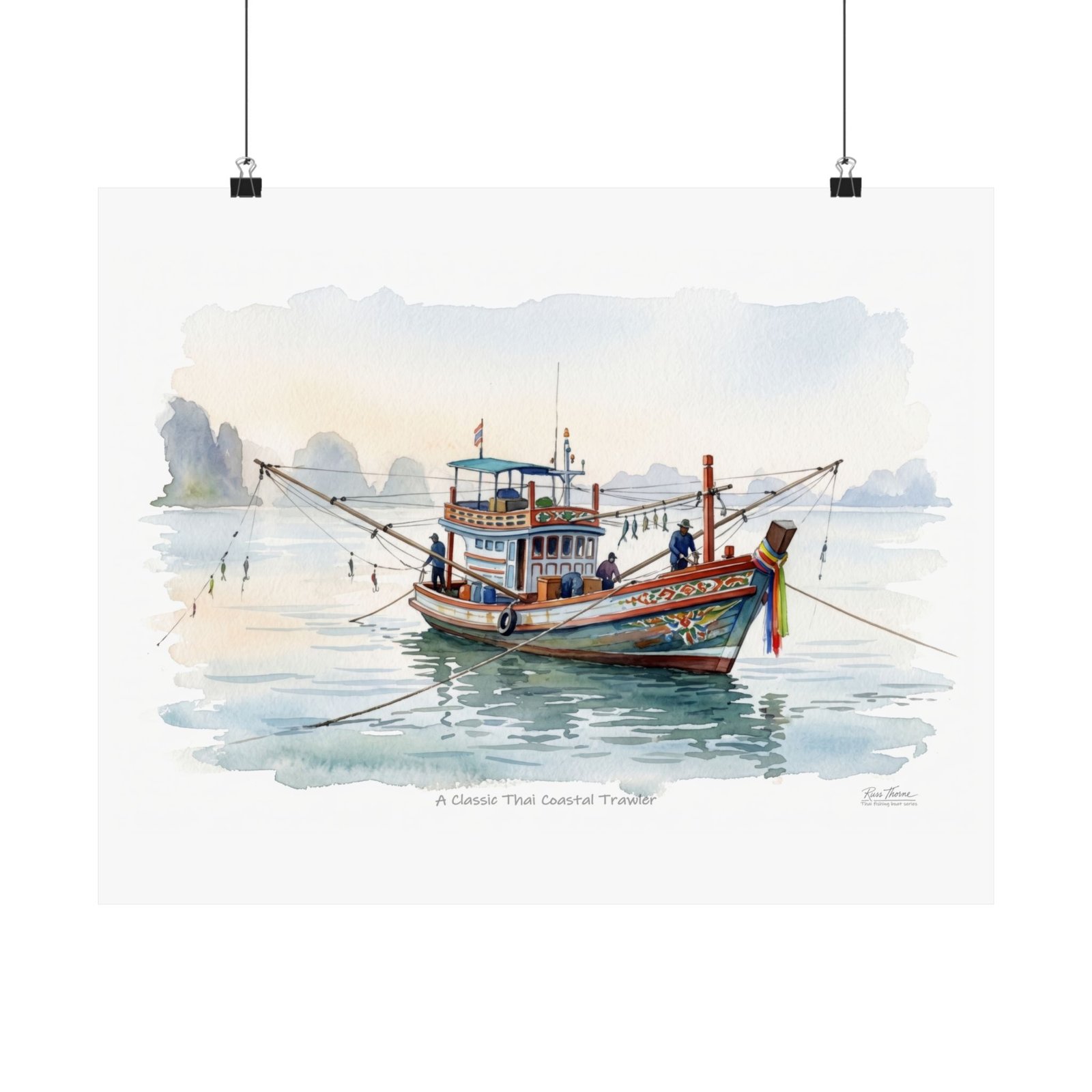 Classic Thai Coastal Trawler Watercolor – Traditional Thailand Fishing Boat Art Print - Image 9